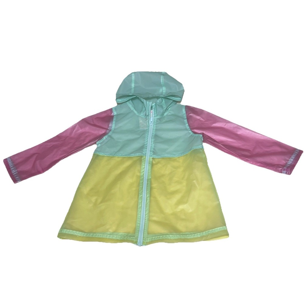 Girls Size 6 Carters Rain Coat Jacket Clear Pastel Color block Pink Teal Yellow